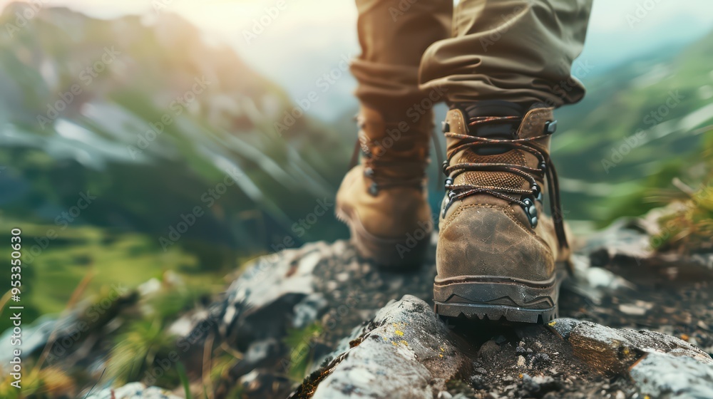 Close-up of hiking boots on rocky terrain, surrounded by stunning mountain scenery, ideal for outdoor and adventure themes. Close-up of hiking boots on rocky terrain, surrounded by stunning mountain scenery, ideal for outdoor and adventure themes.