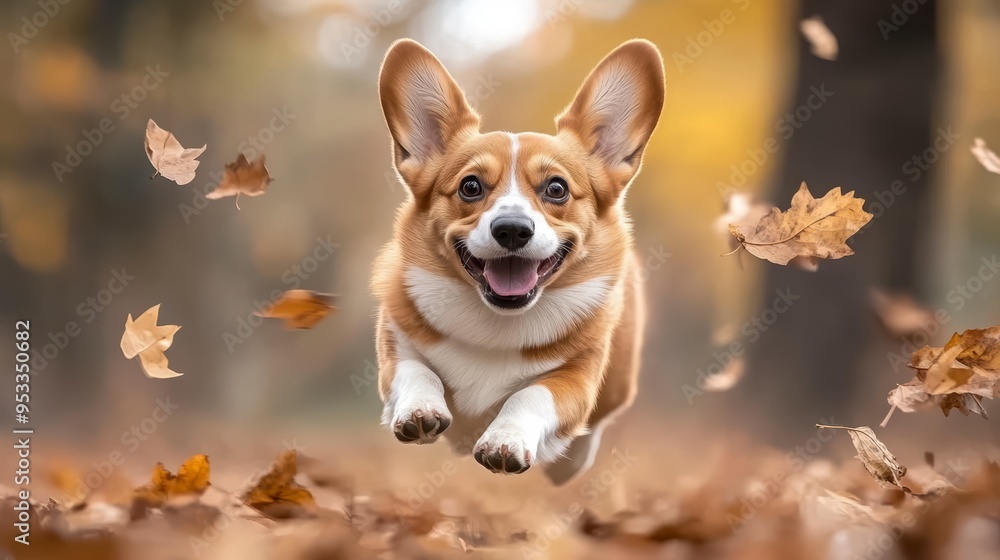 Cute dog running and playing in the park, surrounded by falling leaves, smiling with his tongue out Cute dog running and playing in the park, surrounded by falling leaves, smiling with his tongue out