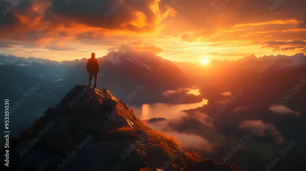 Silhouette of a man standing on a mountain top, looking at a sunset over a valley with a lake. Silhouette of a man standing on a mountain top, looking at a sunset over a valley with a lake.