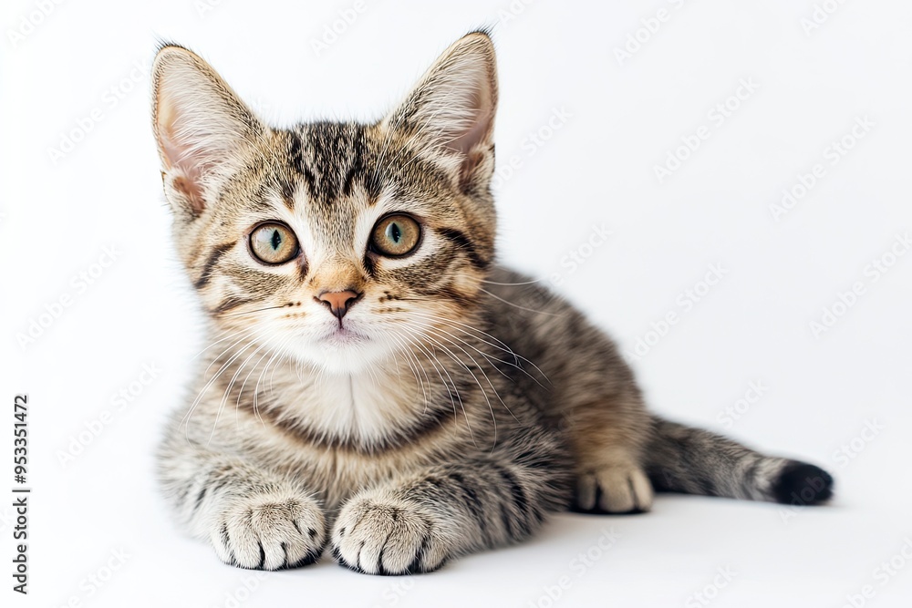 Studio portrait of a sitting tabby cat looking forward against a white backdground , ai Studio portrait of a sitting tabby cat looking forward against a white backdground , ai