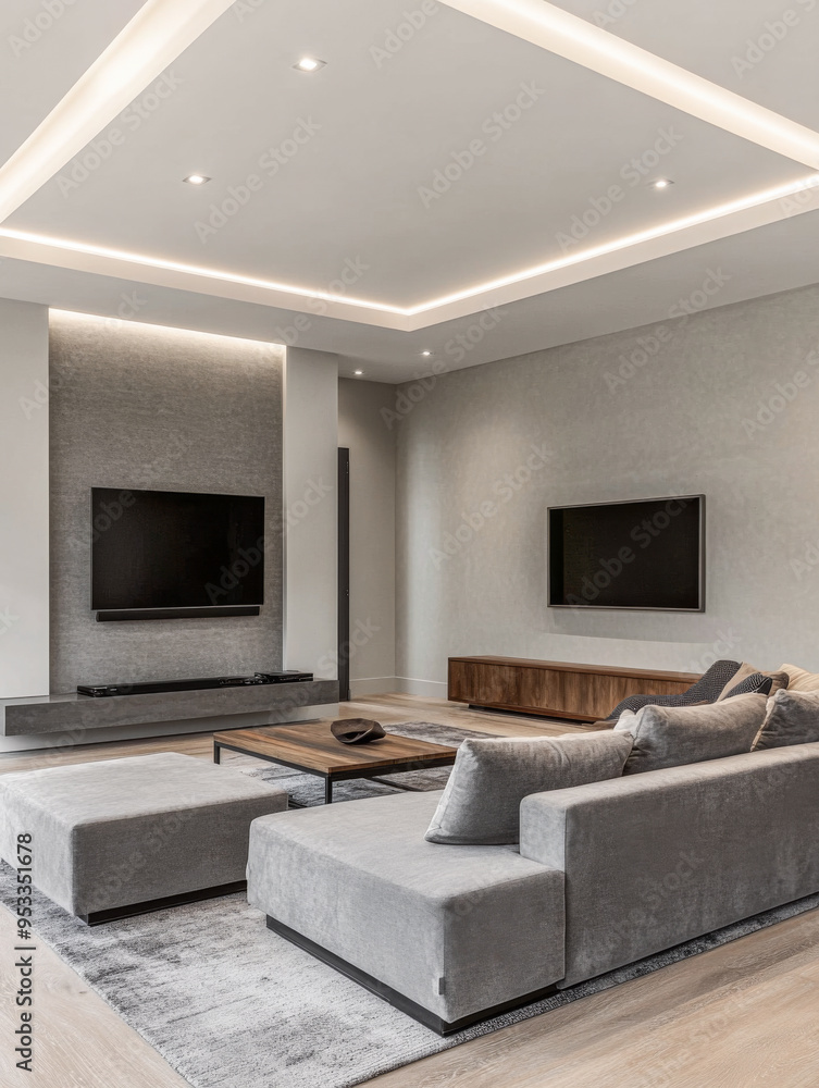 Modern minimalist living room interior with led lighting and neutral colors Modern minimalist living room interior with led lighting and neutral colors