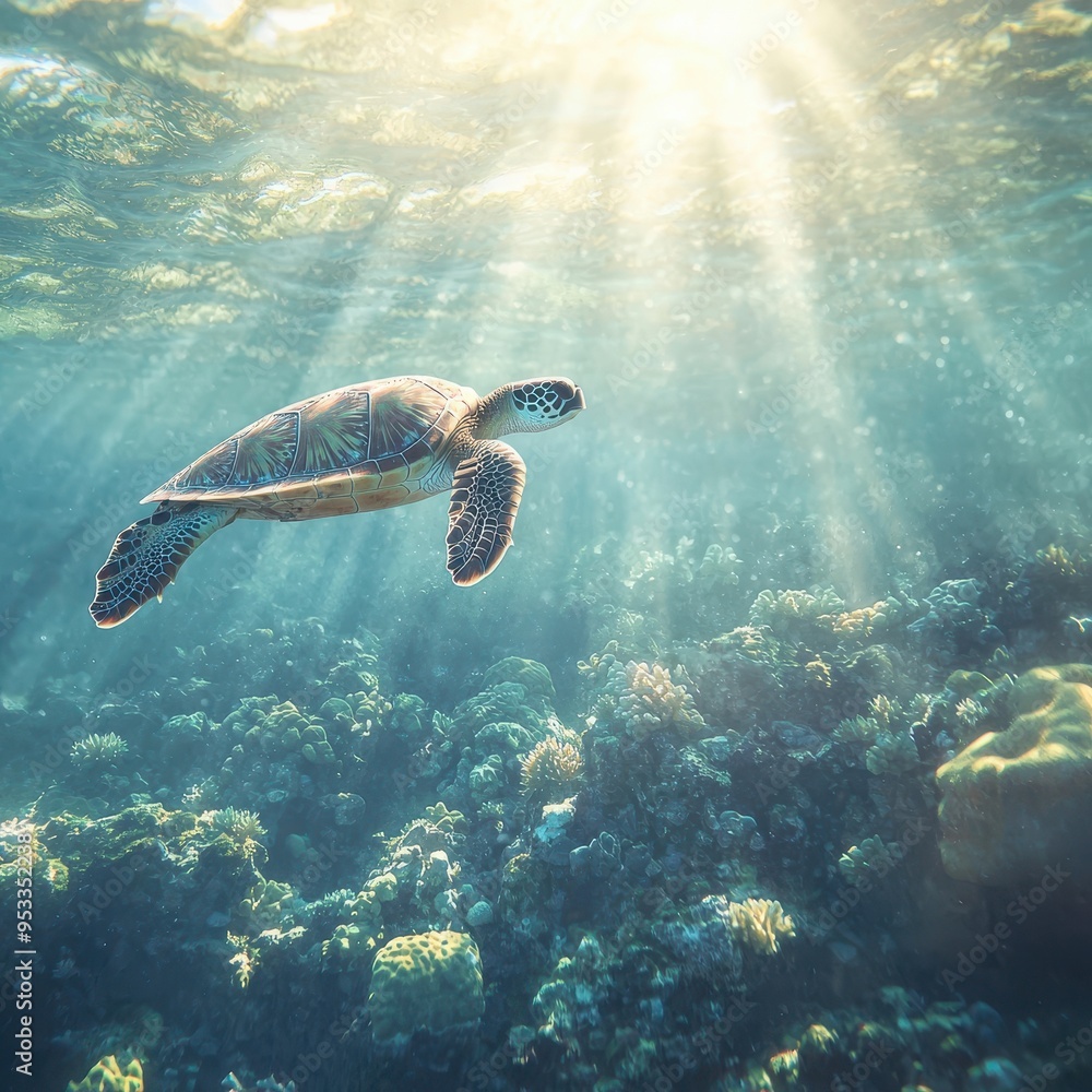 Sea Turtle Swimming in Sunlit Coral Reef Sea Turtle Swimming in Sunlit Coral Reef