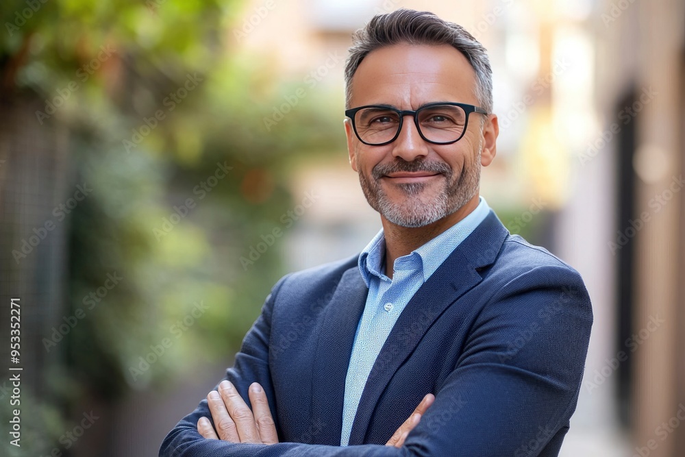 Happy middle aged business man entrepreneur looking at camera outdoors. Smiling confident mature businessman professional executive, successful lawyer wearing suit standing arms crossed, portrai , ai Happy middle aged business man entrepreneur looking at camera outdoors. Smiling confident mature businessman professional executive, successful lawyer wearing suit standing arms crossed, portrai , ai
