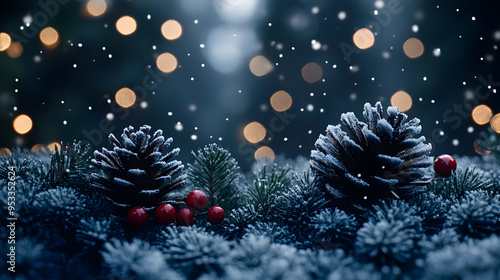 Snow-covered pine cones and...