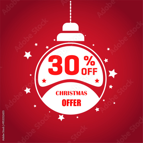 Winter sales offer banner, 30% Christmas offer text isolated on a Red background with snowflakes.