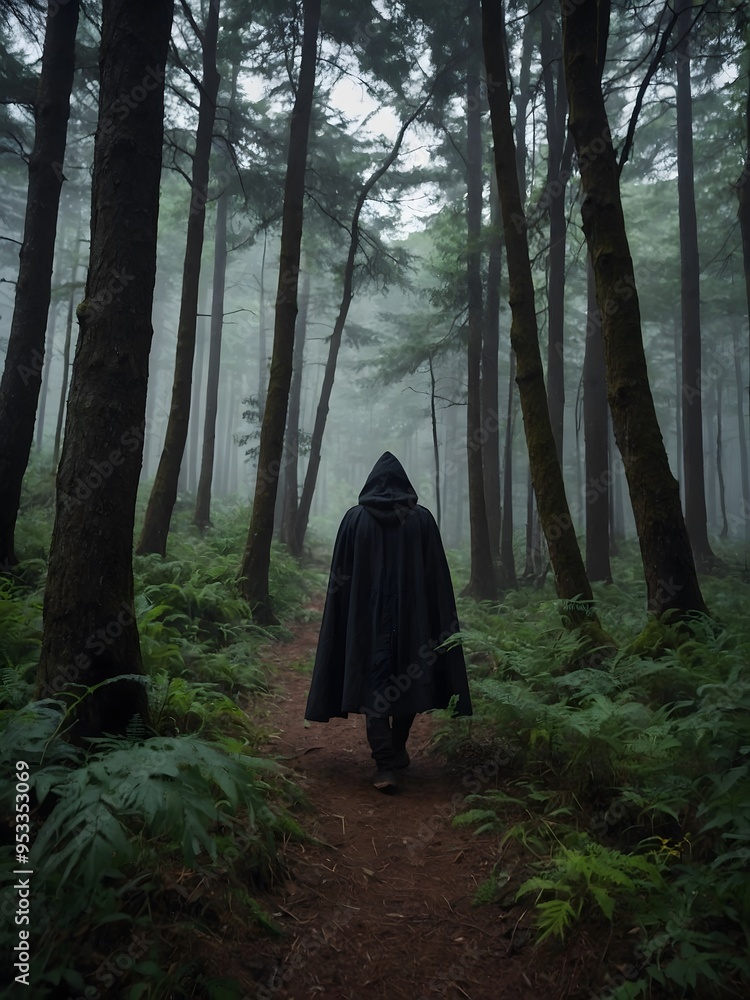 A hooded cloak-clad man walking through a forest. A hooded cloak-clad man walking through a forest.