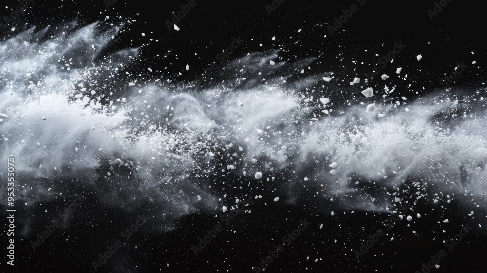 Snow explosion isolated on black background. Abstract dynamic cloud of white dust particles dispersing overlay design. Winter storm element creative collage. Snow explosion isolated on black background. Abstract dynamic cloud of white dust particles dispersing overlay design. Winter storm element creative collage.