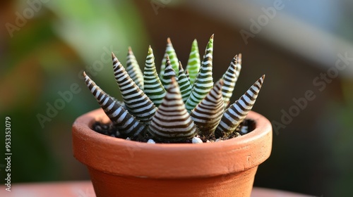 Variegated Haworthiopsis fasciata succulent in clay pot. photo