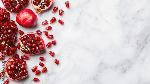 Fresh pomegranate seeds scattered on a marble surface, brain-stimulating snack, antioxidant-rich