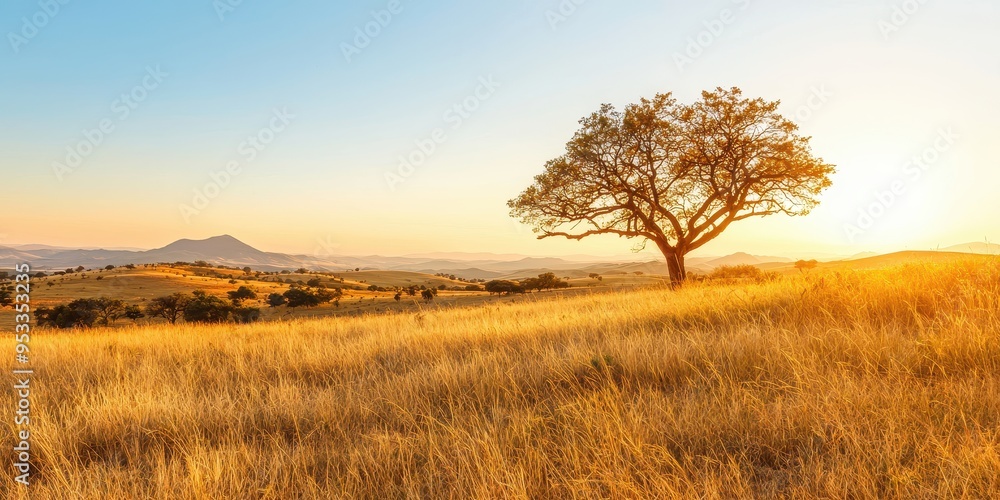 Golden Meadow Landscape with Solitary Tree at Sunset Golden Meadow Landscape with Solitary Tree at Sunset