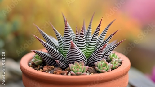 Variegated succulent, Haworthiopsis fasciata, in clay vessel. photo