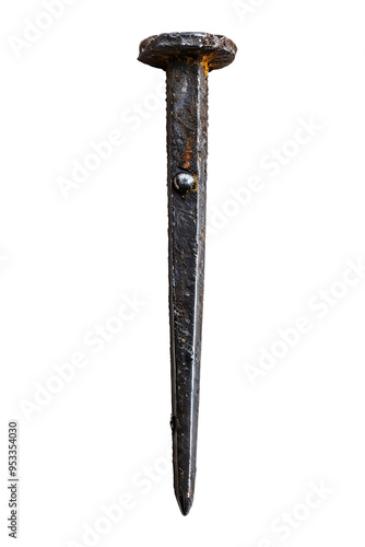 A single, large, rusted, iron nail with a square head
