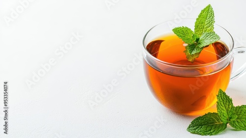 Freshly brewed herbal tea with a sprig of mint, brain-boosting beverage, calming and healthy photo