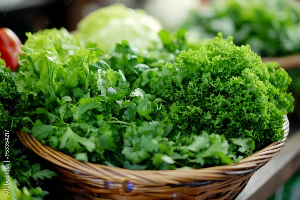 Wicker basket overflowing with fresh green produce Wicker basket overflowing with fresh green produce