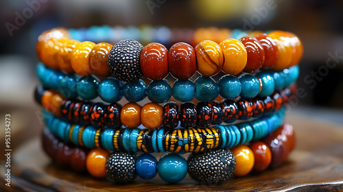 Stack of colorful beaded bracelets with silver accents.