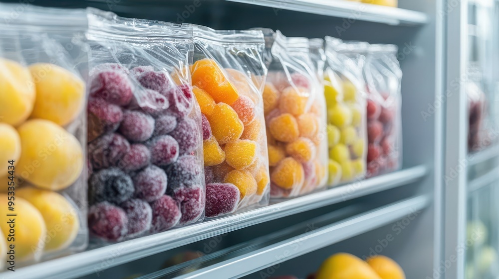 Frozen bag of fruit blend placed on a freezer shelf, Smoothie-ready fruits, Healthy frozen options Frozen bag of fruit blend placed on a freezer shelf, Smoothie-ready fruits, Healthy frozen options