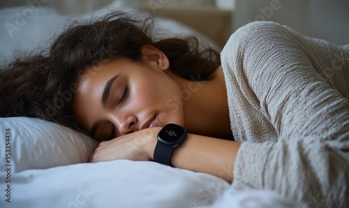 Person sleeping soundly in a comfortable bed with a sleep tracker on their wrist, illustrating the importance of quality sleep for overall health, Sleep tracking for better health, Generative AI photo