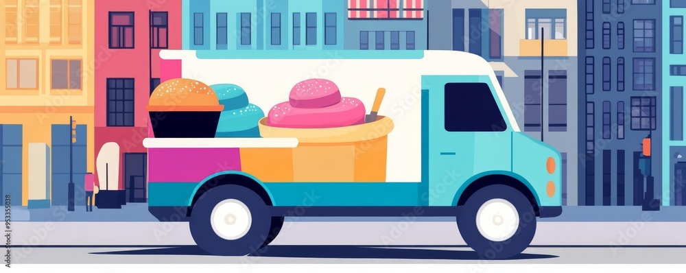 Bakery truck with bright and bold designs, vibrant and cheerful, set in a lively urban area Bakery truck with bright and bold designs, vibrant and cheerful, set in a lively urban area