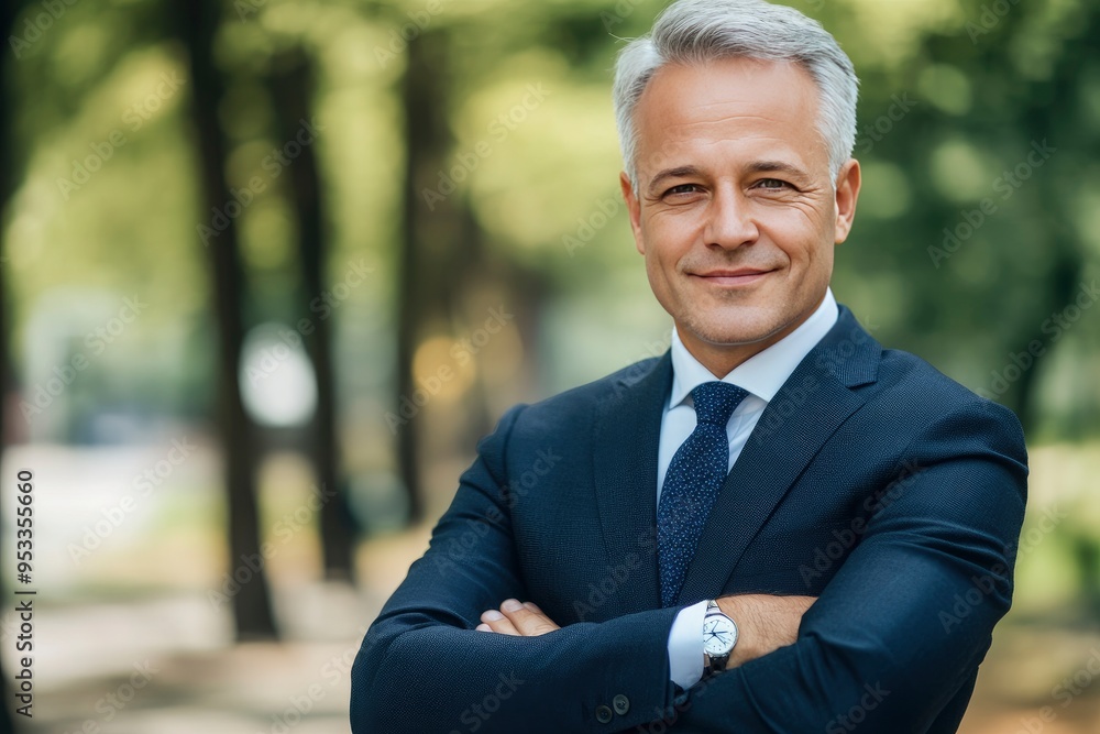 Happy middle aged business man entrepreneur looking at camera outdoors. Smiling confident mature businessman professional executive, successful lawyer wearing suit standing arms crossed, portrai , ai Happy middle aged business man entrepreneur looking at camera outdoors. Smiling confident mature businessman professional executive, successful lawyer wearing suit standing arms crossed, portrai , ai