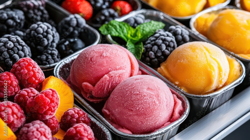 Frozen fruit sorbet tubs in a home freezer, Frozen desserts, Refreshing sweet treat Frozen fruit sorbet tubs in a home freezer, Frozen desserts, Refreshing sweet treat