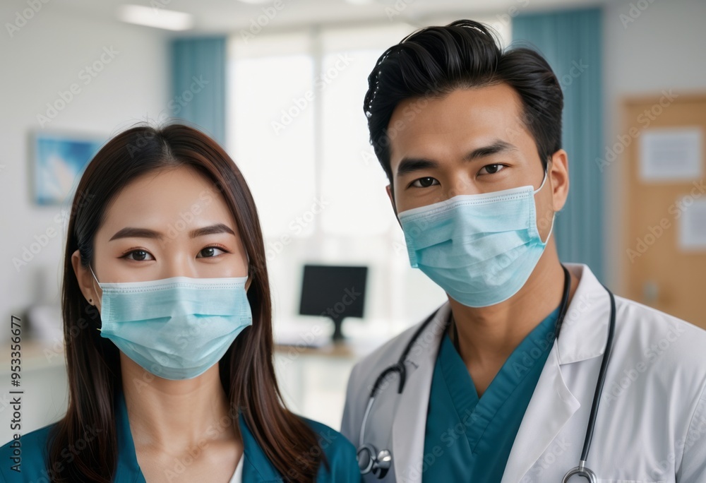 A male and female doctor wearing surgical masks, posing confidently in a modern clinic, focusing on professionalism and teamwork. A male and female doctor wearing surgical masks, posing confidently in a modern clinic, focusing on professionalism and teamwork.