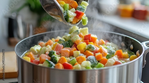 Frozen vegetables being poured into a pot of boiling water, Cooking with frozen food, Healthy and convenient meal prep photo