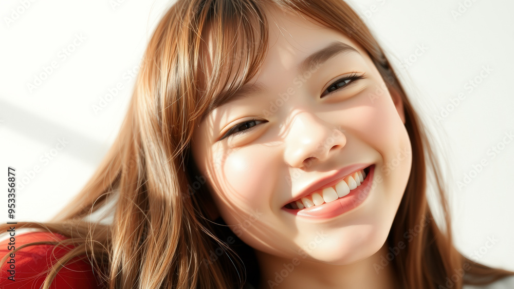 Close-up of a beautiful young woman smiling, her hair flowing in the wind Close-up of a beautiful young woman smiling, her hair flowing in the wind