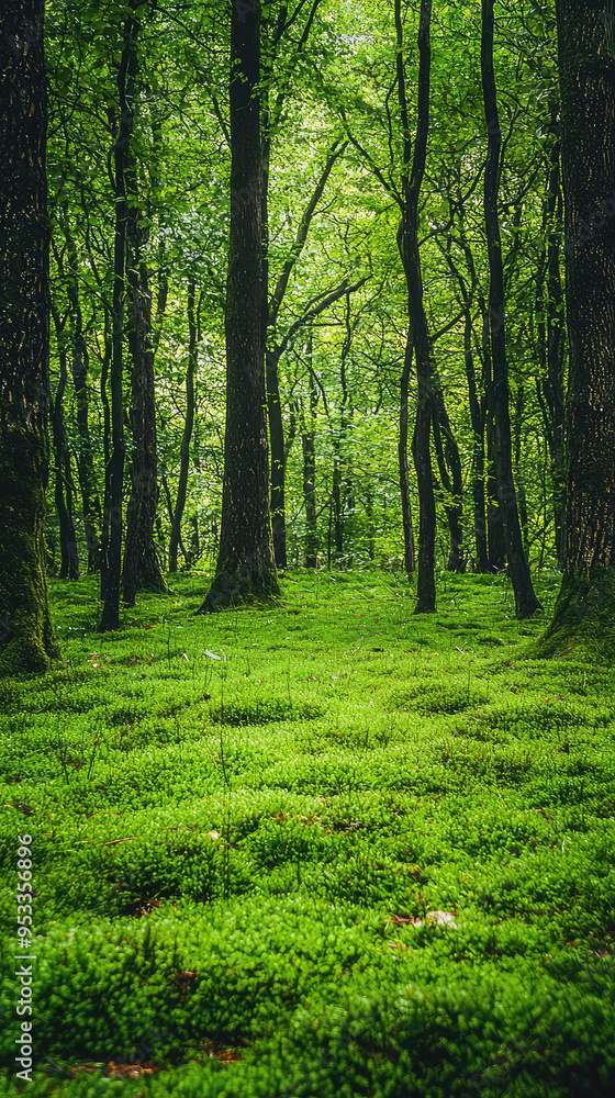 Fototapeta premium Sun Dappled: A Lush Carpet of Moss in a Tranquil Forest Grove