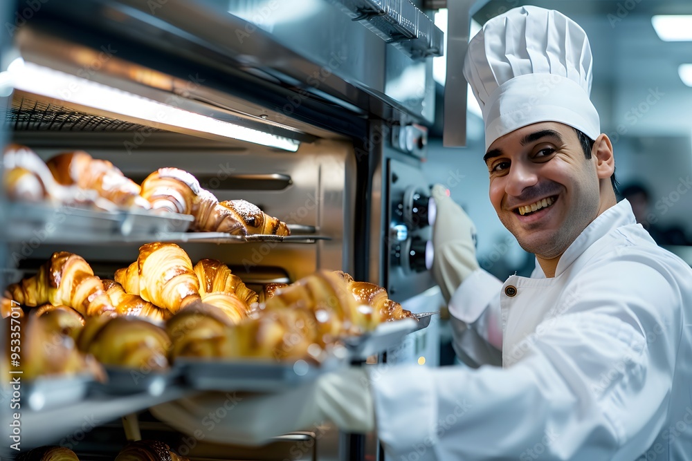 chef pull freshly baked croissants from the oven. chef pull freshly baked croissants from the oven.