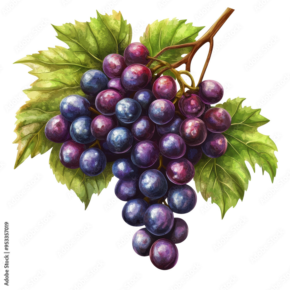Fototapeta premium A vivid bunch of grapes with green leaves stands out against a clean transparent background, highlighting nature's beauty, bunch of grapesillustrationisolated on PNG