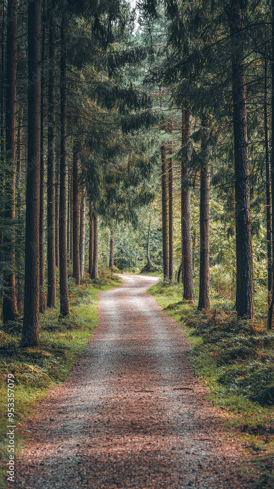Obraz premium A winding gravel path leads through a dense, sun-dappled forest, inviting you on a serene adventure.