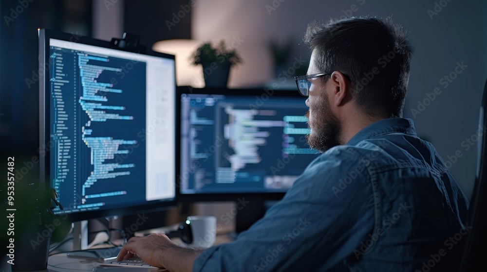 A programmer coding vision-enhancing algorithms on a high-resolution monitor, with expansion project blueprints in the background A programmer coding vision-enhancing algorithms on a high-resolution monitor, with expansion project blueprints in the background
