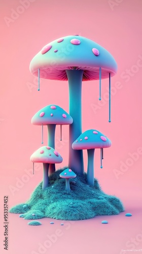 Surreal 3D Render of Colorful Mushrooms on a Fuzzy Hill