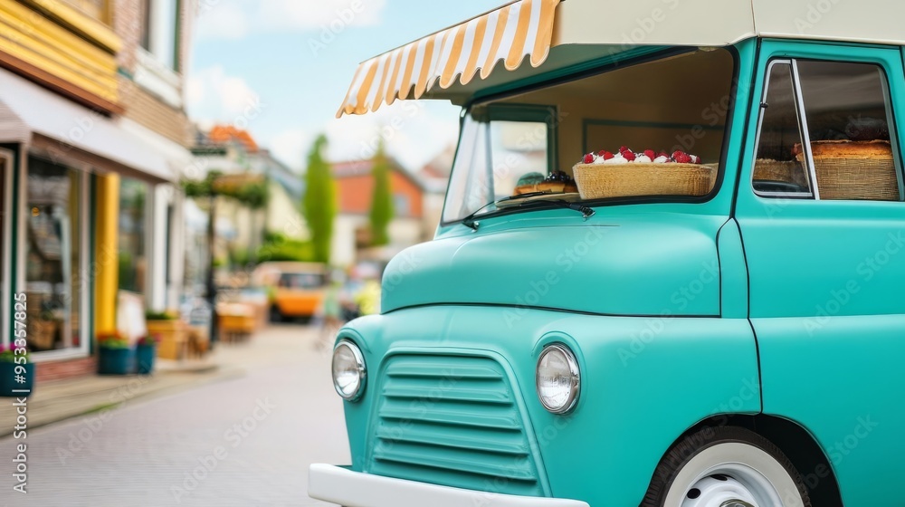 Naklejka premium Bakery truck with retro elements, classic car vibes, parked in a nostalgic small-town street