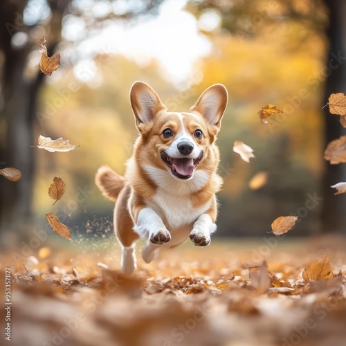 Cute dog running and playing in the park, surrounded by falling leaves, smiling with his tongue out