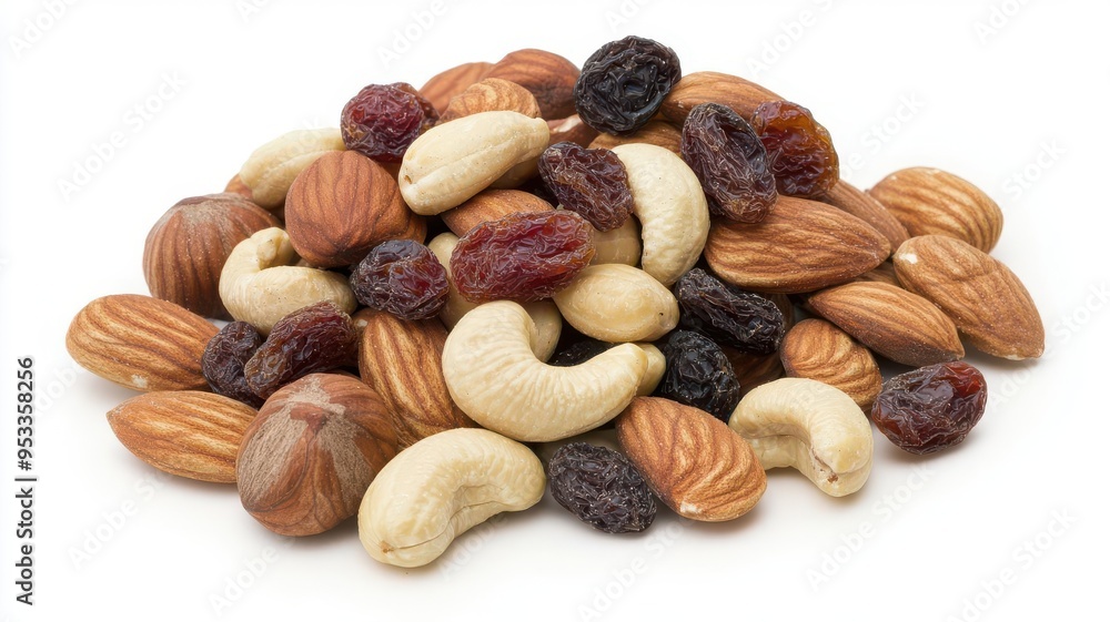 Handful of mixed nuts and dried fruits, portable brain-boosting snack, healthy and convenient Handful of mixed nuts and dried fruits, portable brain-boosting snack, healthy and convenient