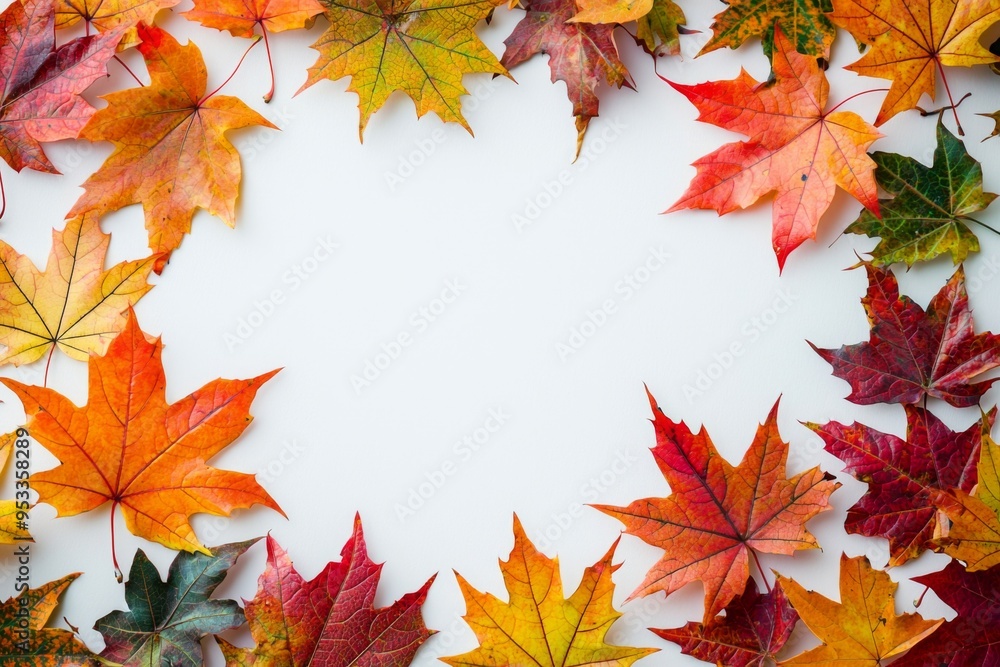 Fototapeta premium Autumn Maple Leaves Flat Lay White Background created with Generative AI