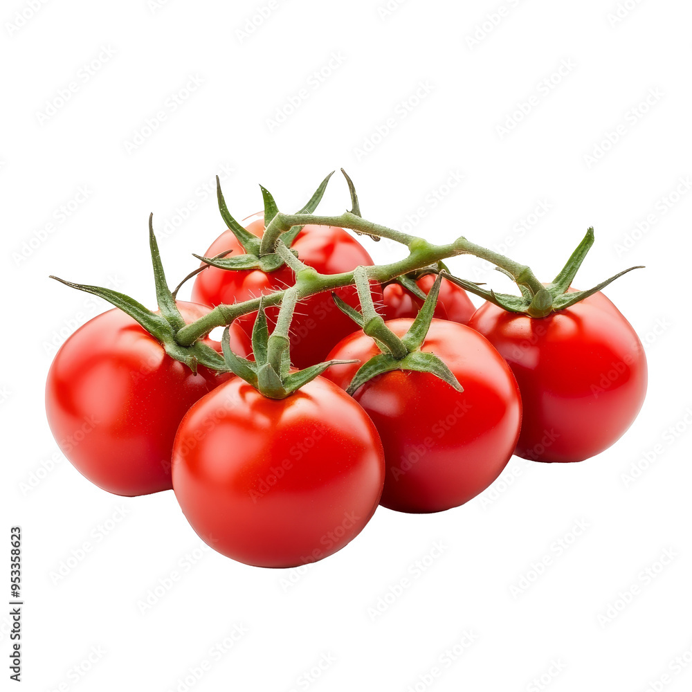 A cluster of ripe red tomatoes on green vines against a transparent background, showcasing their beauty and freshness, bunch of tomatoes on transparent background A cluster of ripe red tomatoes on green vines against a transparent background, showcasing their beauty and freshness, bunch of tomatoes on transparent background