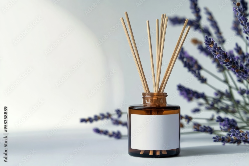 Mockup of aroma diffuser with sticks with space for branding, on light background with lavender Mockup of aroma diffuser with sticks with space for branding, on light background with lavender