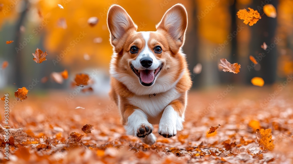 Cute dog running and playing in the park, surrounded by falling leaves, smiling with his tongue out Cute dog running and playing in the park, surrounded by falling leaves, smiling with his tongue out