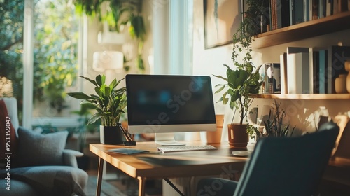 Modern home office desk with a computer, keyboard, potted plants, and a bookshelf.