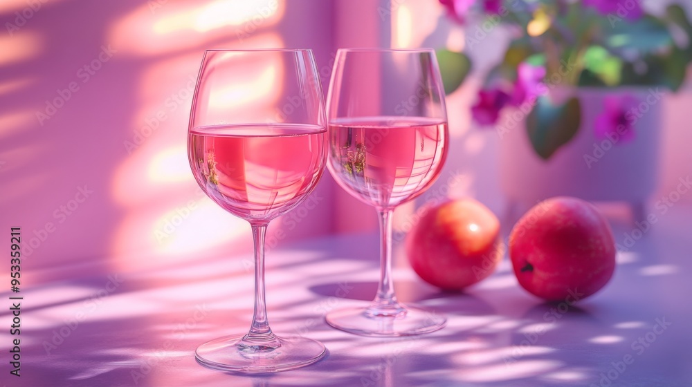 Wine glass with Summer light and shadows background, with space for text. Luxury concept winery or restaurant design. Healthy wine, to accompany a meal or as an aperitif at an event Wine glass with Summer light and shadows background, with space for text. Luxury concept winery or restaurant design. Healthy wine, to accompany a meal or as an aperitif at an event