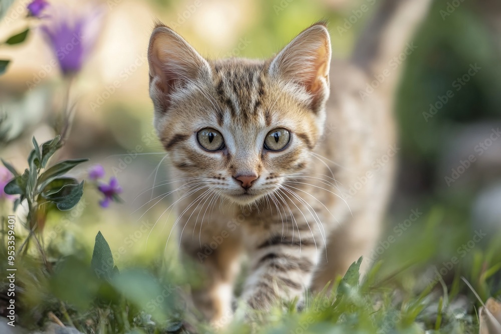 Tabby kitten walking on grass in the garden Tabby kitten walking on grass in the garden