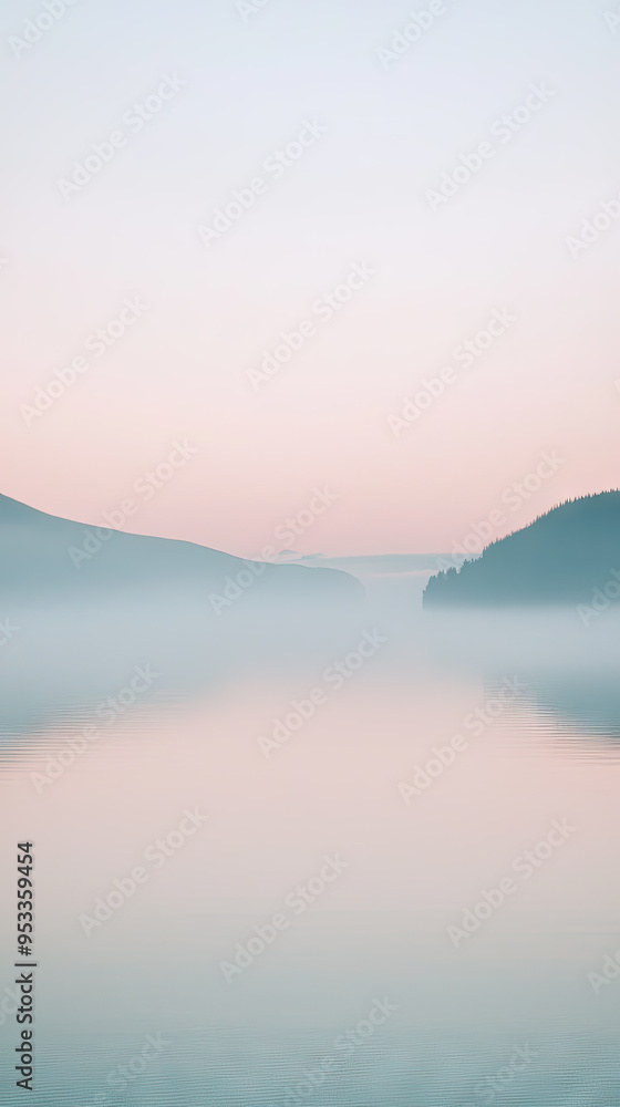 Fototapeta premium Serene Dawn: A Misty Fjord Bathed in Pastel Hues
