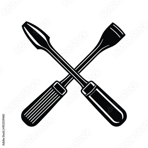 A set of steel work tools includes a screwdriver with a black and red handle and a set of isolated metal screwdriver bits