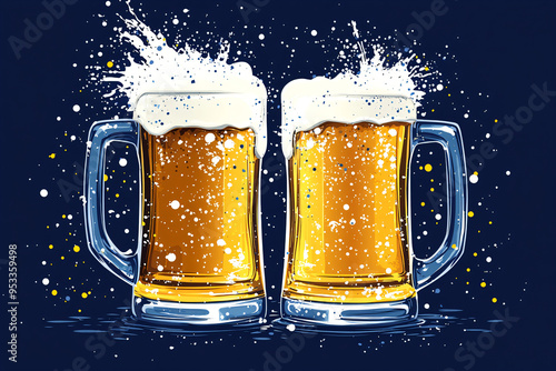 Two mug with cold fresh golden beer clinking together with splashing out on white background. Craft beer on glass on Oktoberfest, international beer day and St. Patrick's day celebration. photo