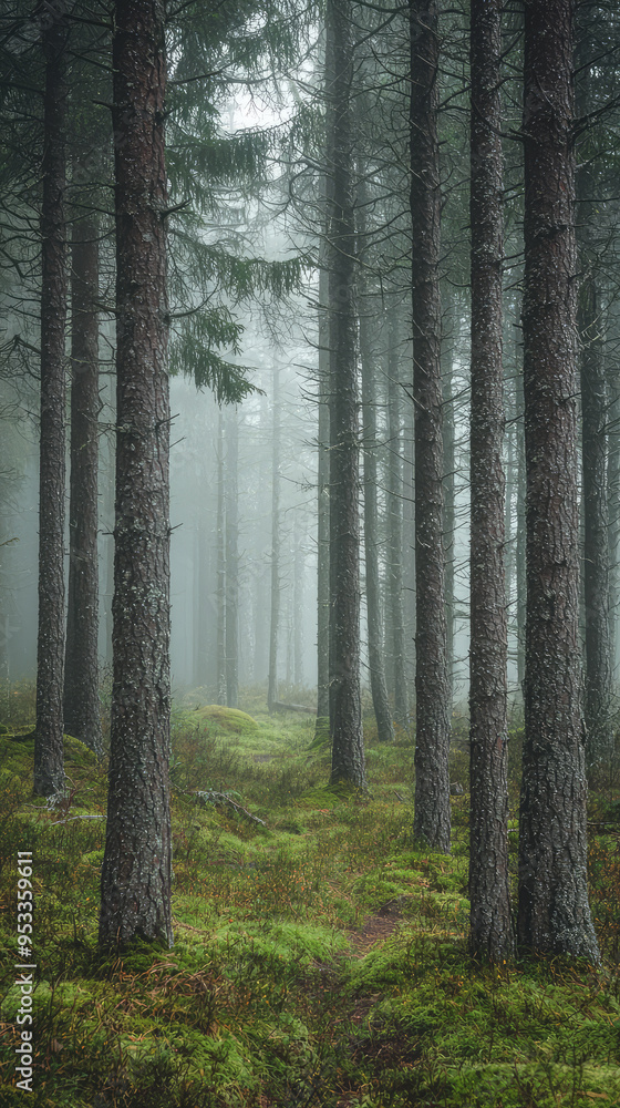 Obraz premium A Path Through the Mist: A Serene Walk Through a Scandinavian Pine Forest