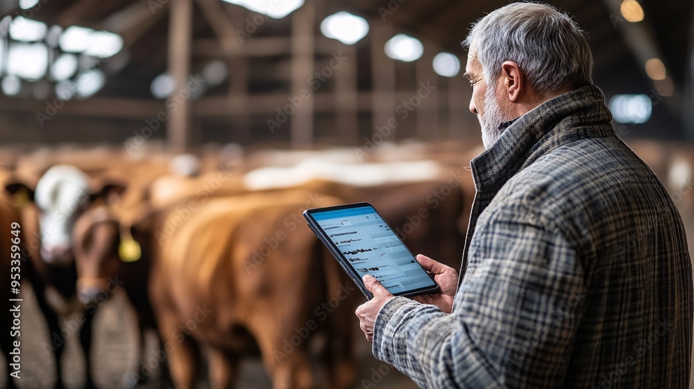AI-powered feeding system automatically dispensing food to livestock in a barn while the farmer supervises using a mobile app Stock Photo with copy space AI-powered feeding system automatically dispensing food to livestock in a barn while the farmer supervises using a mobile app Stock Photo with copy space