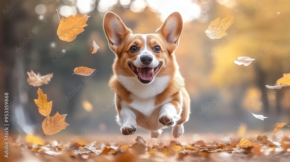 Cute dog running and playing in the park, surrounded by falling leaves, smiling with his tongue out Cute dog running and playing in the park, surrounded by falling leaves, smiling with his tongue out