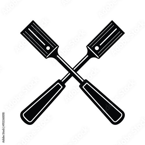 A set of steel work tools includes a screwdriver with a black and red handle and a set of isolated metal screwdriver bits
